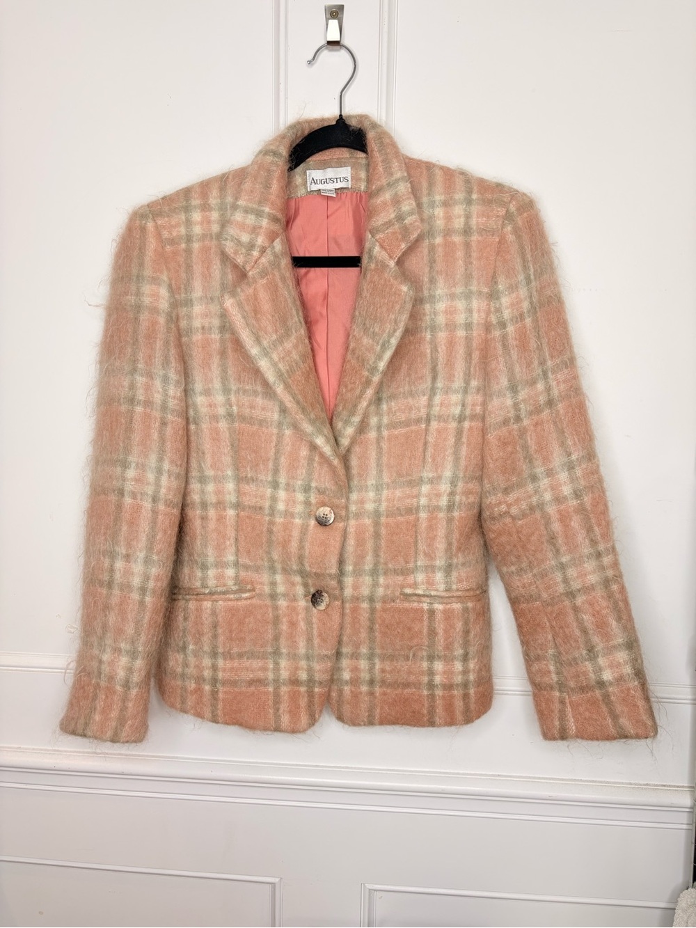 Vintage Peach Plaid Wool Blend fuzzy Blazer. Made in US